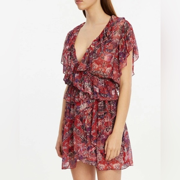 US Small  FR 36 Womens IRO Talara Short Red Dress Printed Chiffon - Picture 1 of 11